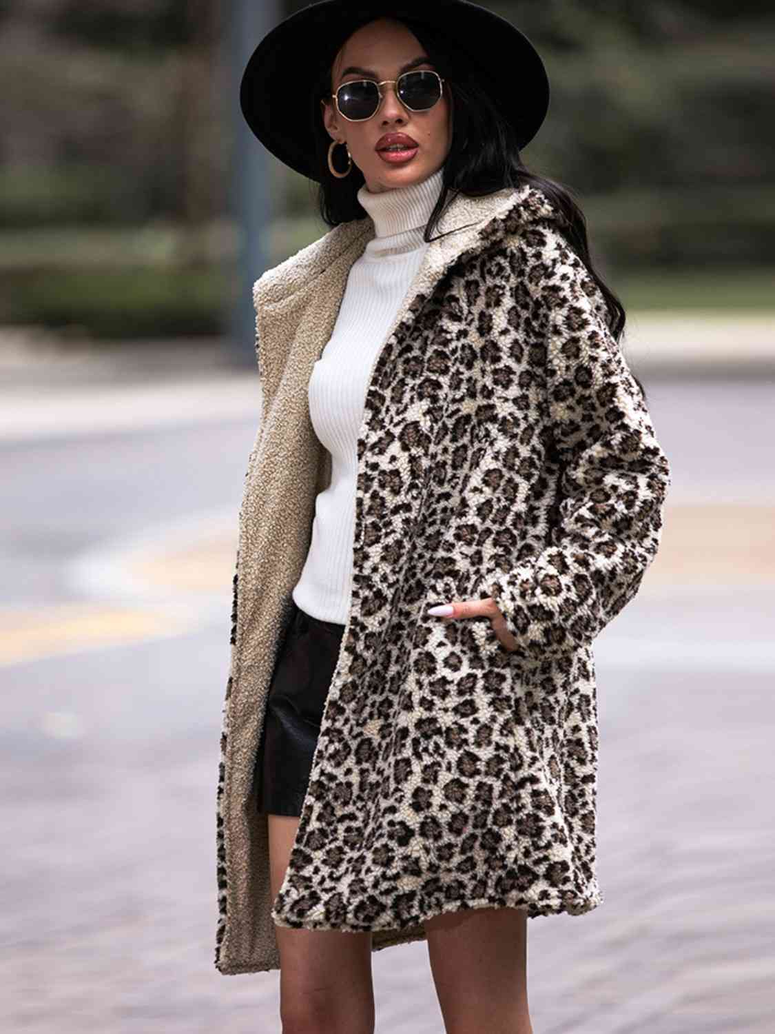 Leopard Print Hooded Coat with Pockets - Coat - Leopard - Bella Bourget