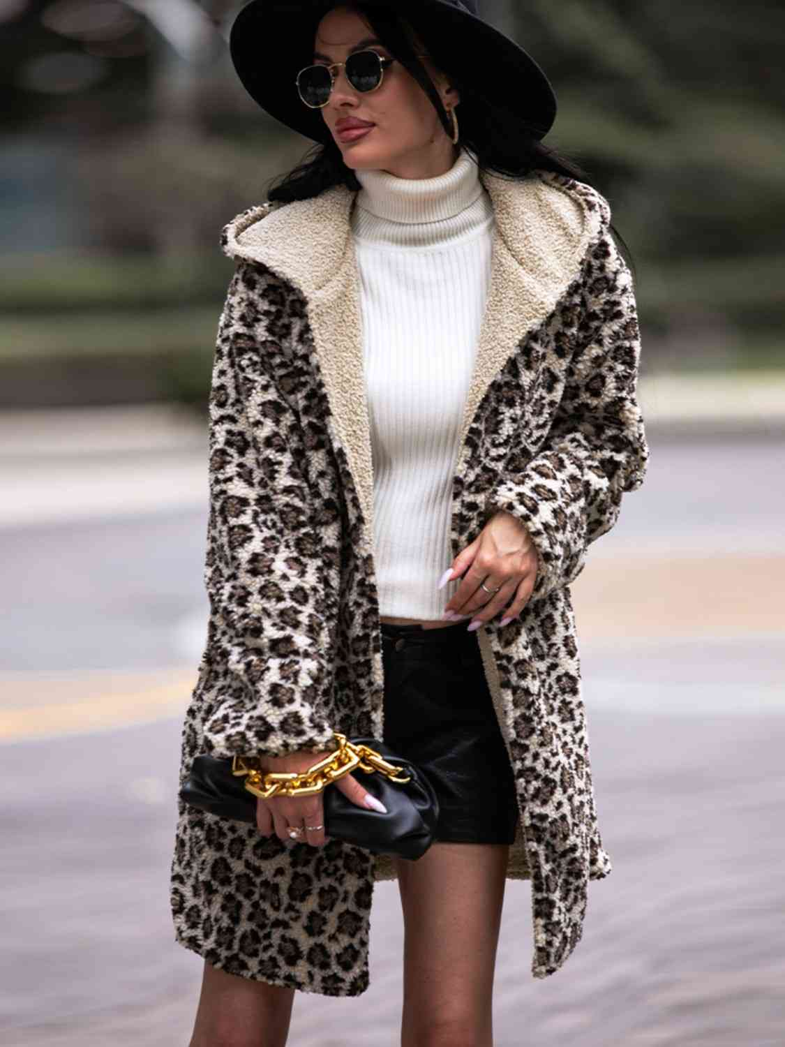 Leopard Print Hooded Coat with Pockets - Coat - Leopard - Bella Bourget