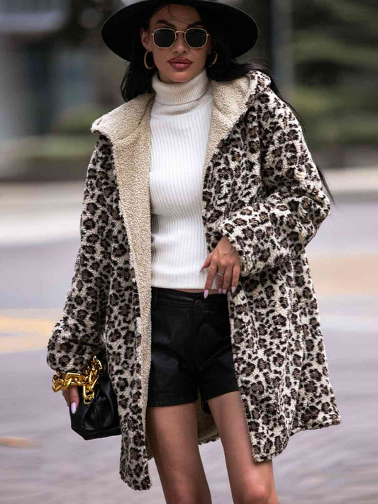 Leopard Print Hooded Coat with Pockets - Coat - Leopard - Bella Bourget