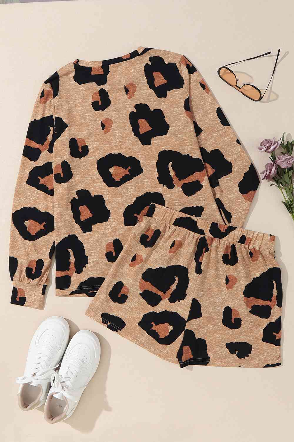 Leopard Long Sleeve Top and Shorts Set - Loungewear Set - Caramel - Bella Bourget