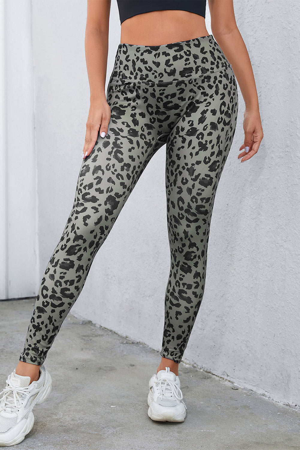 Leopard Print Wide Waistband Leggings - Leggings - Charcoal - Bella Bourget