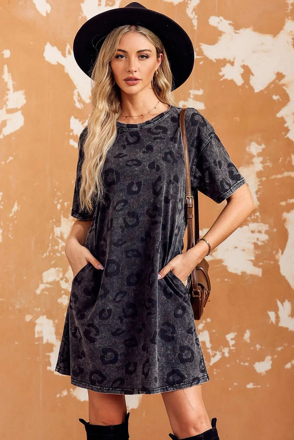 Leopard Round Neck Dropped Shoulder Dress with Pockets - Dress - Charcoal - Bella Bourget