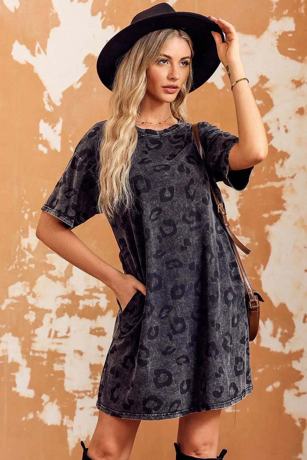 Leopard Round Neck Dropped Shoulder Dress with Pockets - Dress - Charcoal - Bella Bourget