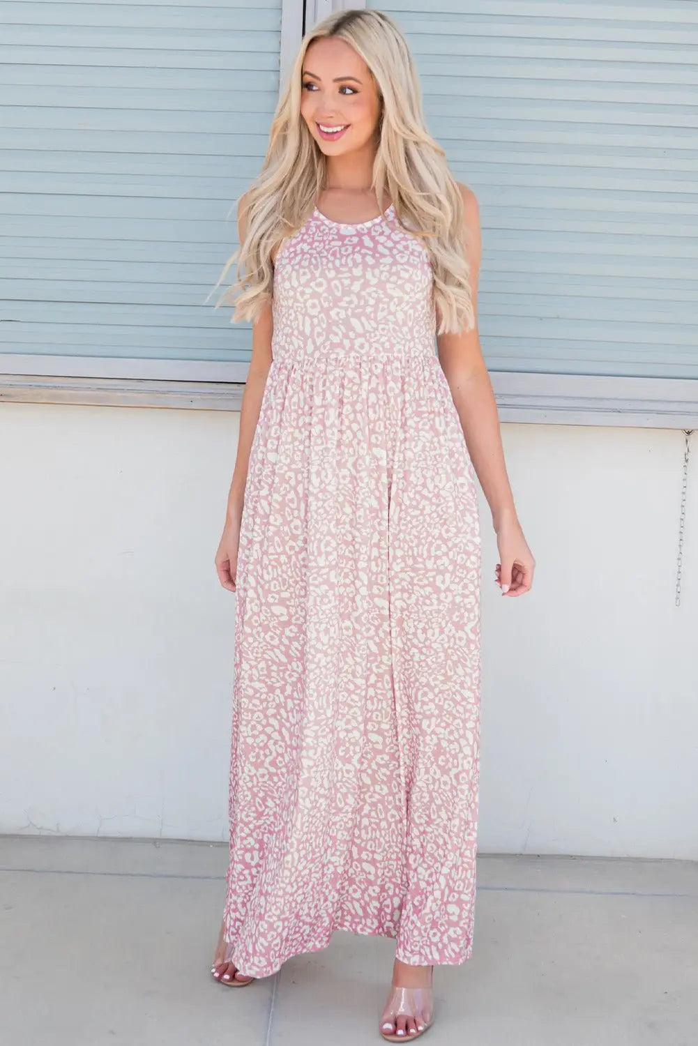 Leopard Round Neck Sleeveless Maxi Dress - Dress - Blush Pink - Bella Bourget