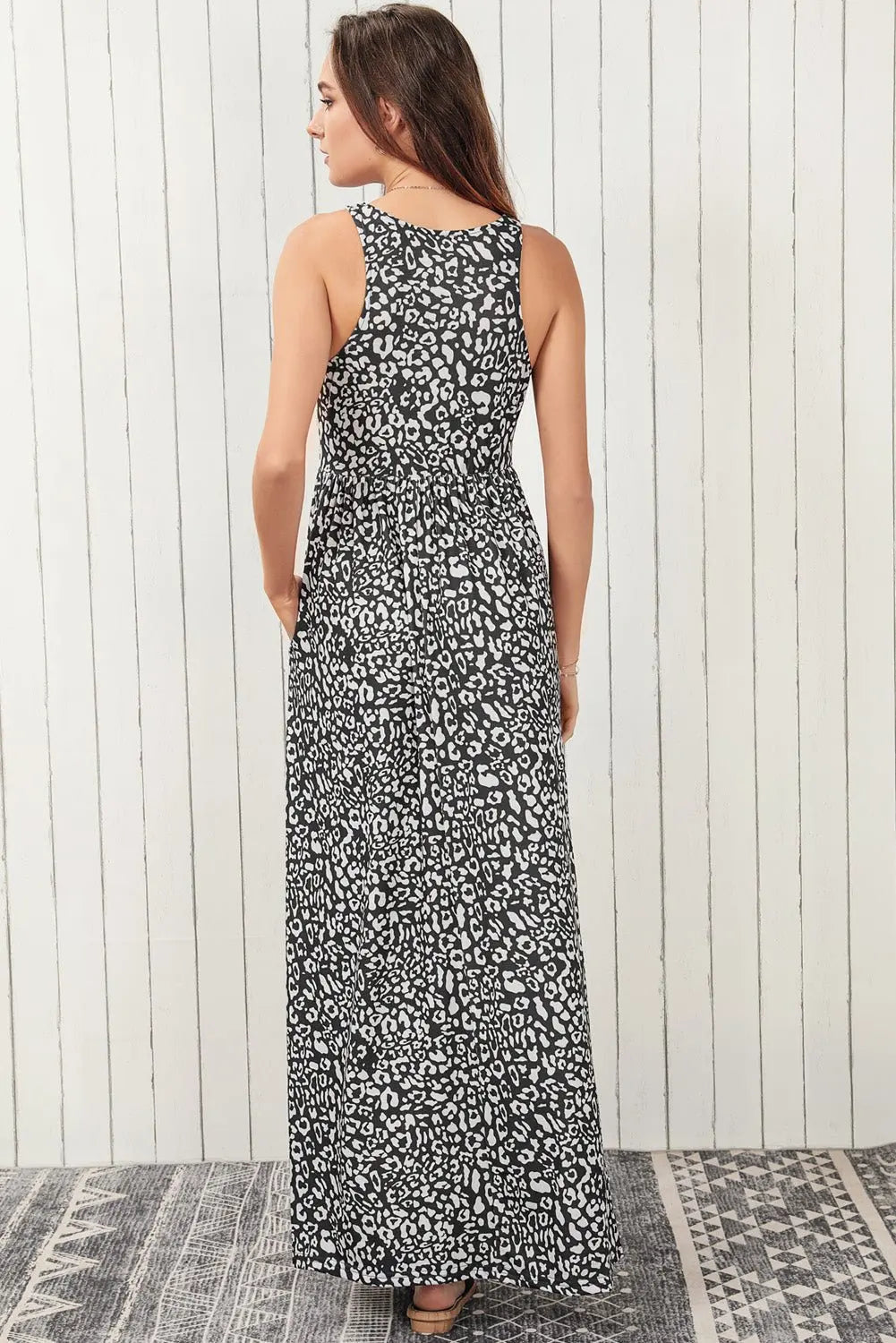 Leopard Round Neck Sleeveless Maxi Dress - Dress - Charcoal - Bella Bourget