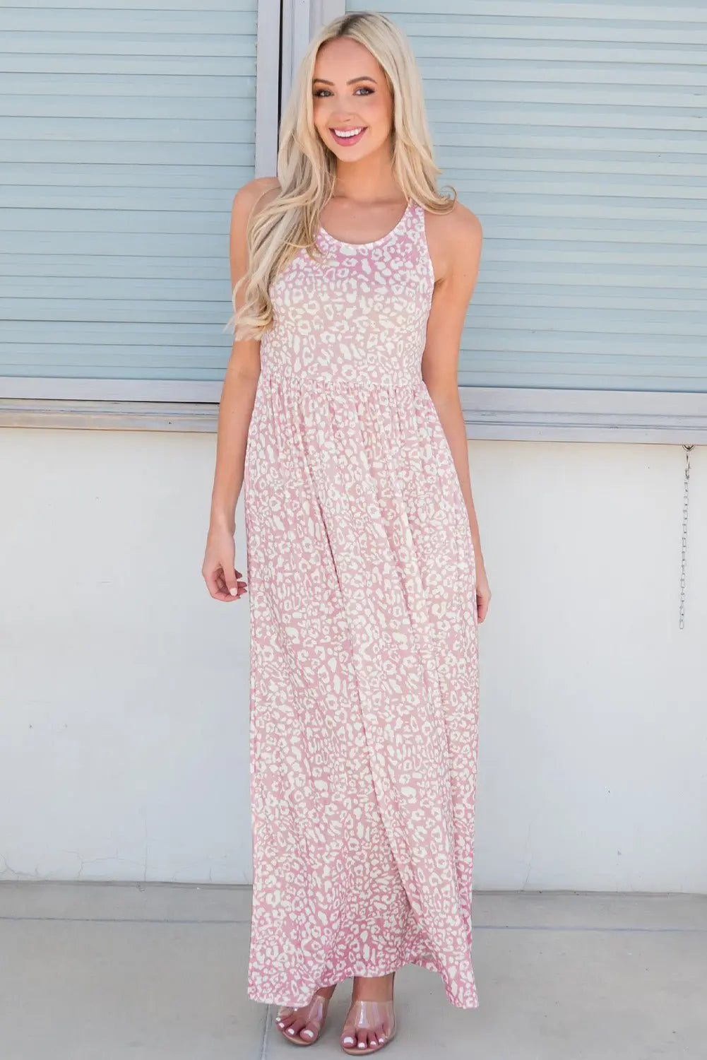 Leopard Round Neck Sleeveless Maxi Dress - Dress - Blush Pink - Bella Bourget