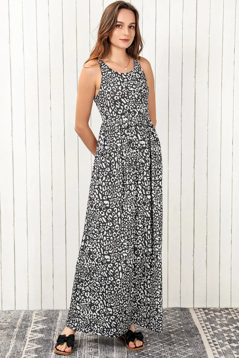 Leopard Round Neck Sleeveless Maxi Dress - Dress - Charcoal - Bella Bourget