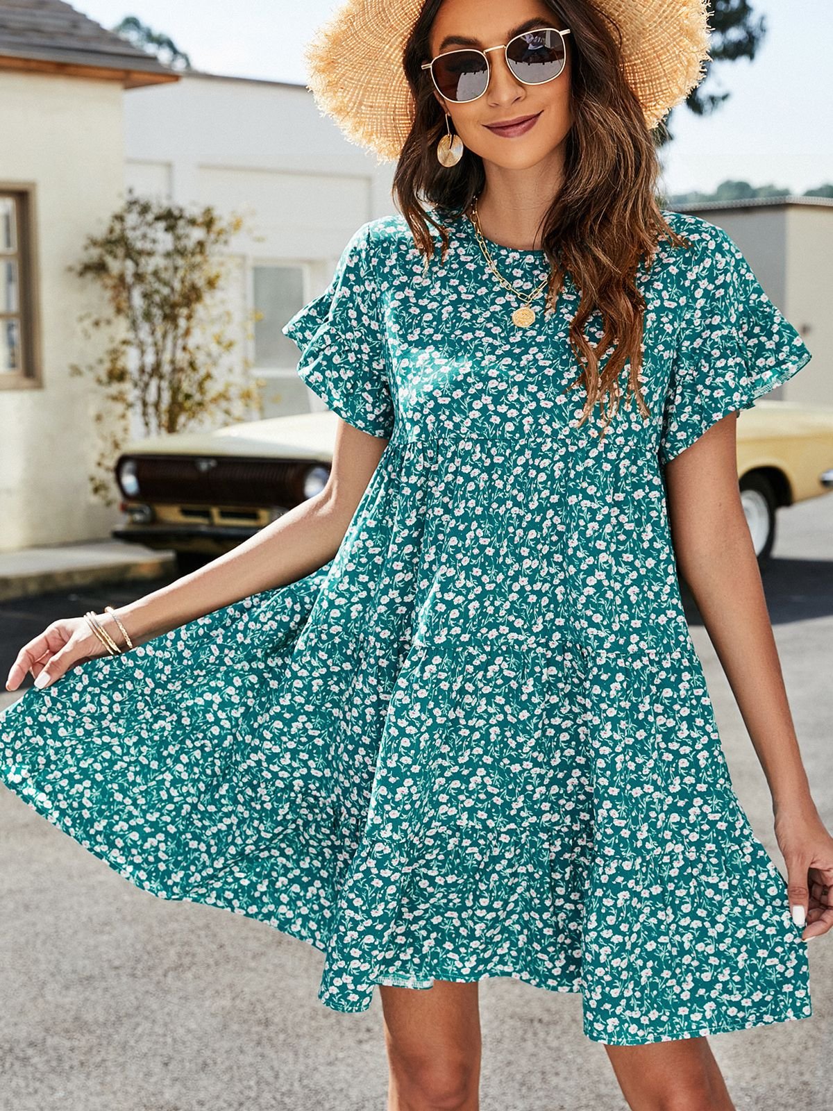 Leopard Short Flounce Sleeve Tiered Dress - Dress - Teal - Bella Bourget