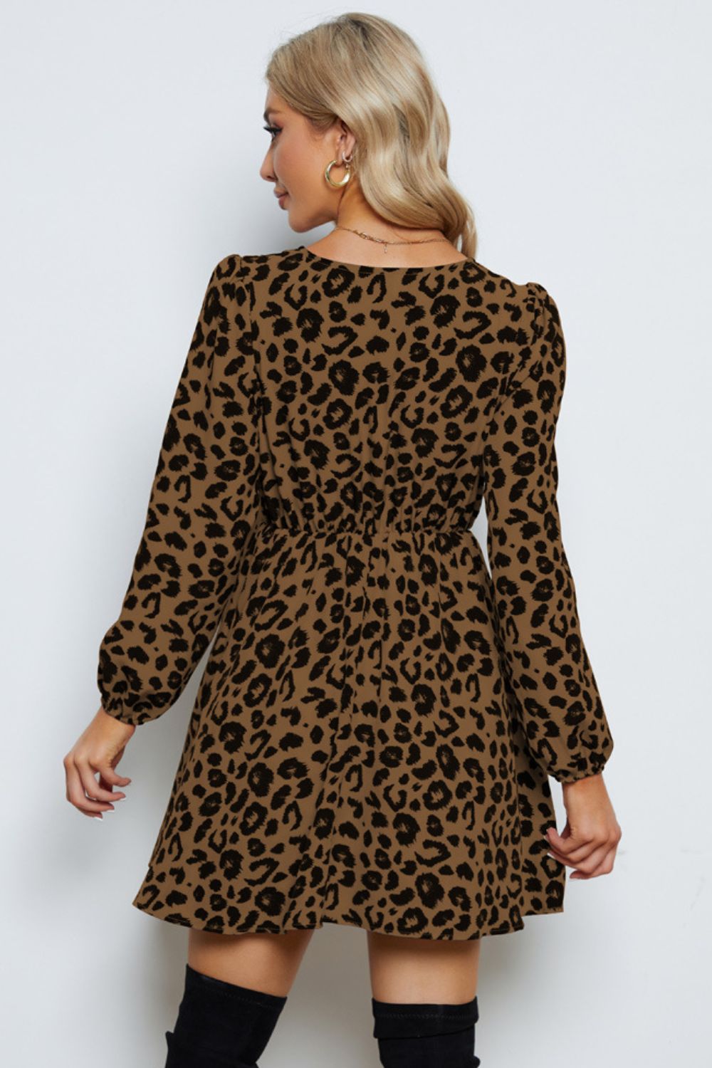 Leopard V - Neck Balloon Sleeve Dress - Dress - Chestnut - Bella Bourget