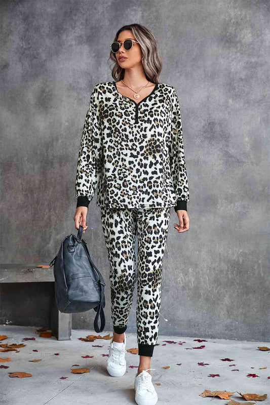 Leopard V - Neck Dropped Shoulder Loungewear Set - Loungewear Set - Yellow - Bella Bourget