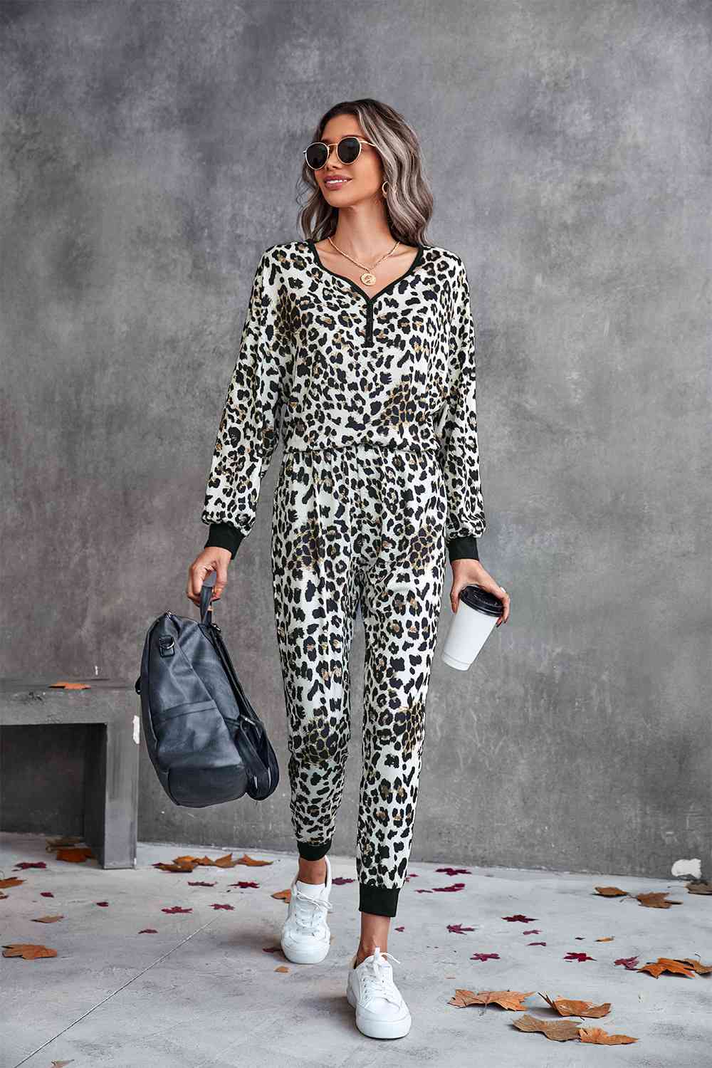 Leopard V - Neck Dropped Shoulder Loungewear Set - Loungewear Set - Yellow - Bella Bourget