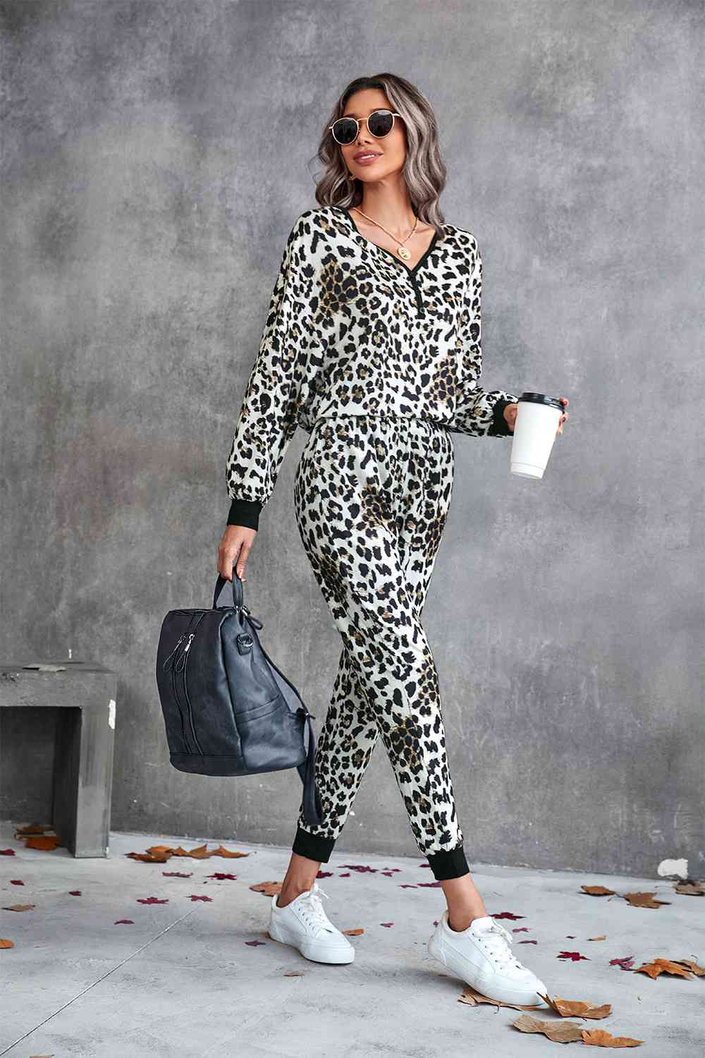 Leopard V - Neck Dropped Shoulder Loungewear Set - Loungewear Set - Yellow - Bella Bourget