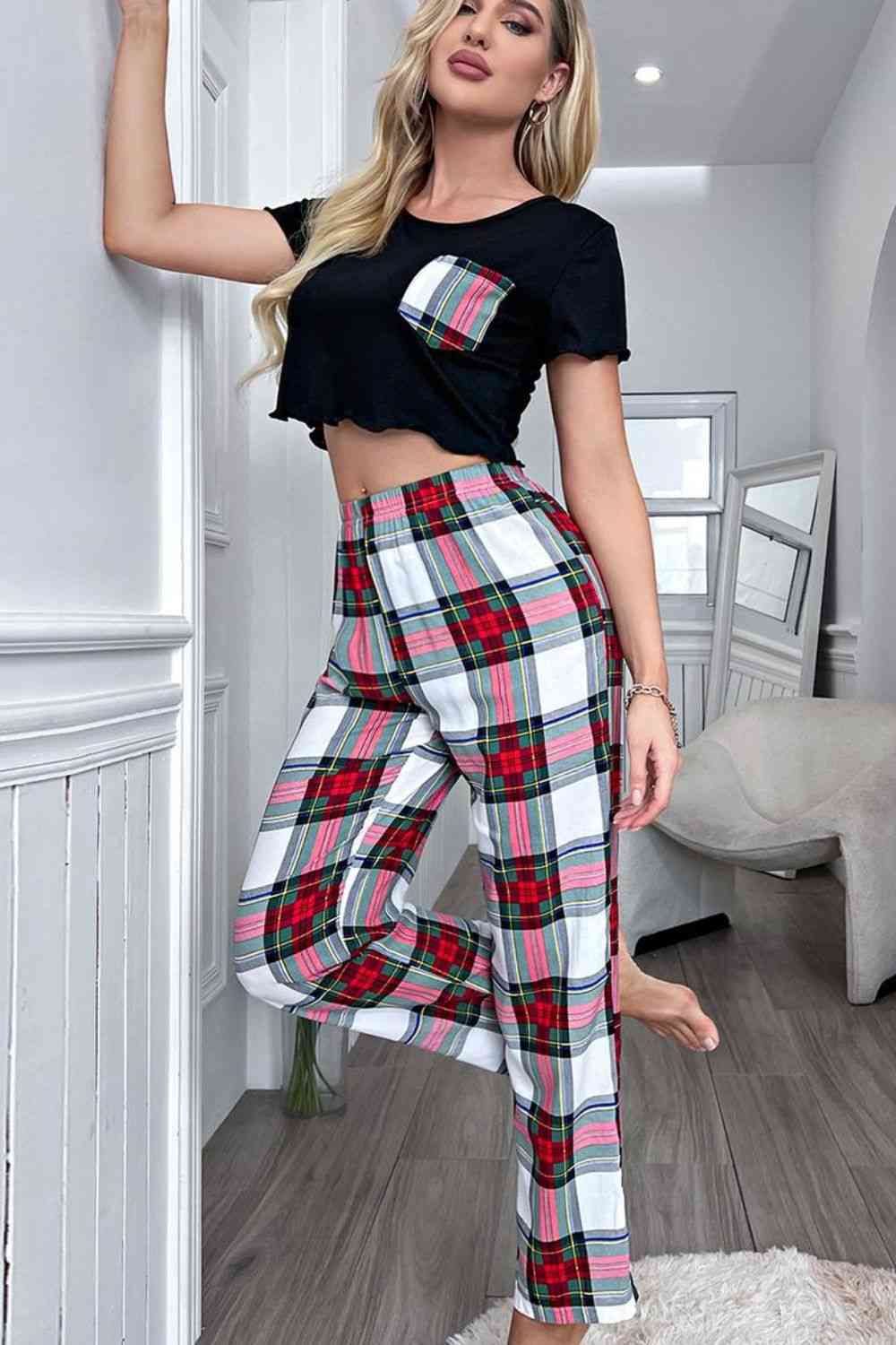 Lettuce Trim Cropped T - Shirt and Plaid Pants Lounge Set - Loungewear - Plaid - Bella Bourget