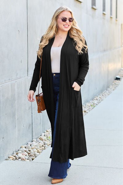 Long open front full size cardigan with pockets - Cardigan - Black - Bella Bourget