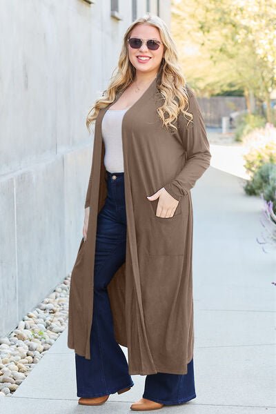 Long open front full size cardigan with pockets - Cardigan - Mocha - Bella Bourget