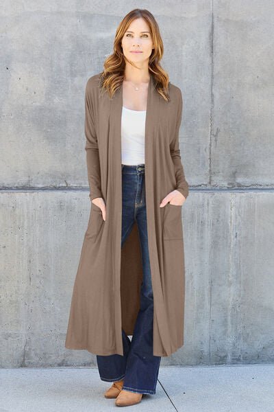 Long open front full size cardigan with pockets - Cardigan - Mocha - Bella Bourget