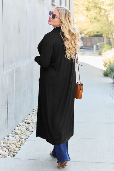 Long open front full size cardigan with pockets - Cardigan - Black - Bella Bourget