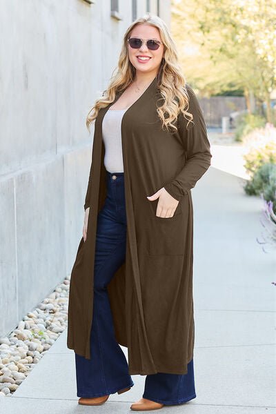 Long open front full size cardigan with pockets - Cardigan - Black - Bella Bourget