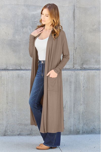 Long open front full size cardigan with pockets - Cardigan - Mocha - Bella Bourget