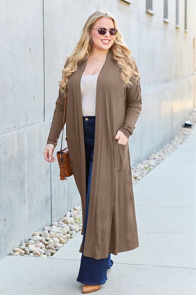 Long open front full size cardigan with pockets - Cardigan - Mocha - Bella Bourget