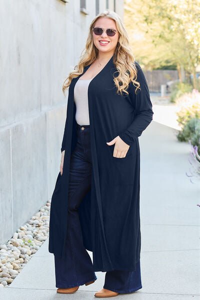 Long open front full size cardigan with pockets - Cardigan - Dark Navy - Bella Bourget