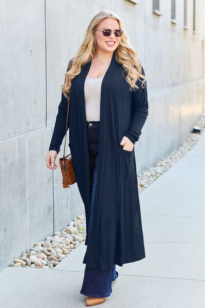 Long open front full size cardigan with pockets - Cardigan - Dark Navy - Bella Bourget