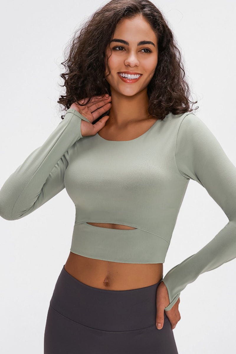 Long Sleeve Cropped Top With Sports Strap - Active Tops - Green - Bella Bourget