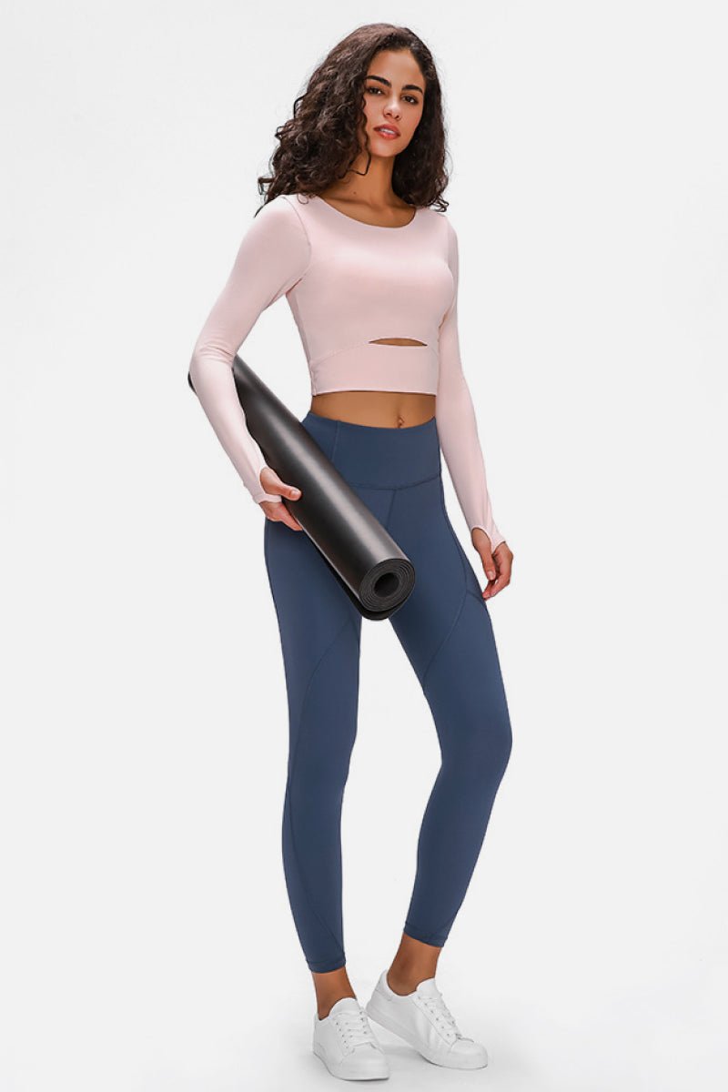 Long Sleeve Cropped Top With Sports Strap - Active Tops - Pink - Bella Bourget