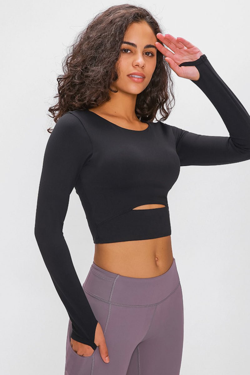 Long Sleeve Cropped Top With Sports Strap - Active Tops - Black - Bella Bourget