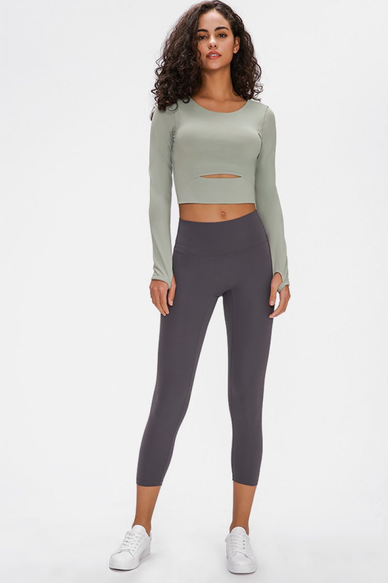 Long Sleeve Cropped Top With Sports Strap - Active Tops - Green - Bella Bourget