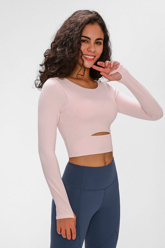 Long Sleeve Cropped Top With Sports Strap - Active Tops - Pink - Bella Bourget