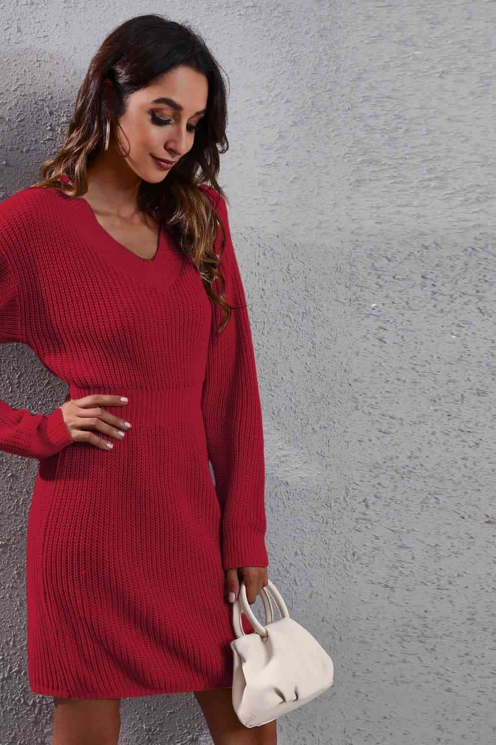 Long Sleeve Rib - Knit A - Line Sweater Dress - Sweater Dress - Red - Bella Bourget