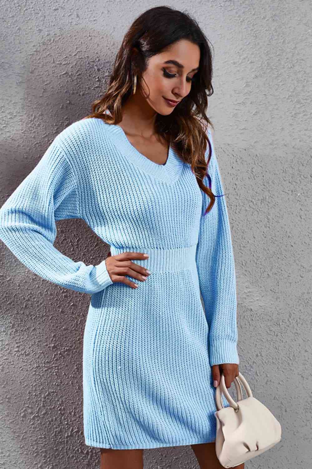 Long Sleeve Rib - Knit A - Line Sweater Dress - Sweater Dress - Pastel Blue - Bella Bourget