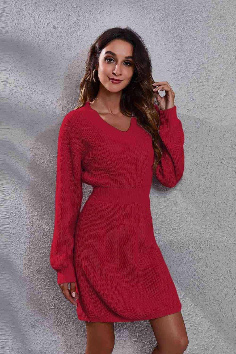 Long Sleeve Rib - Knit A - Line Sweater Dress - Sweater Dress - Red - Bella Bourget