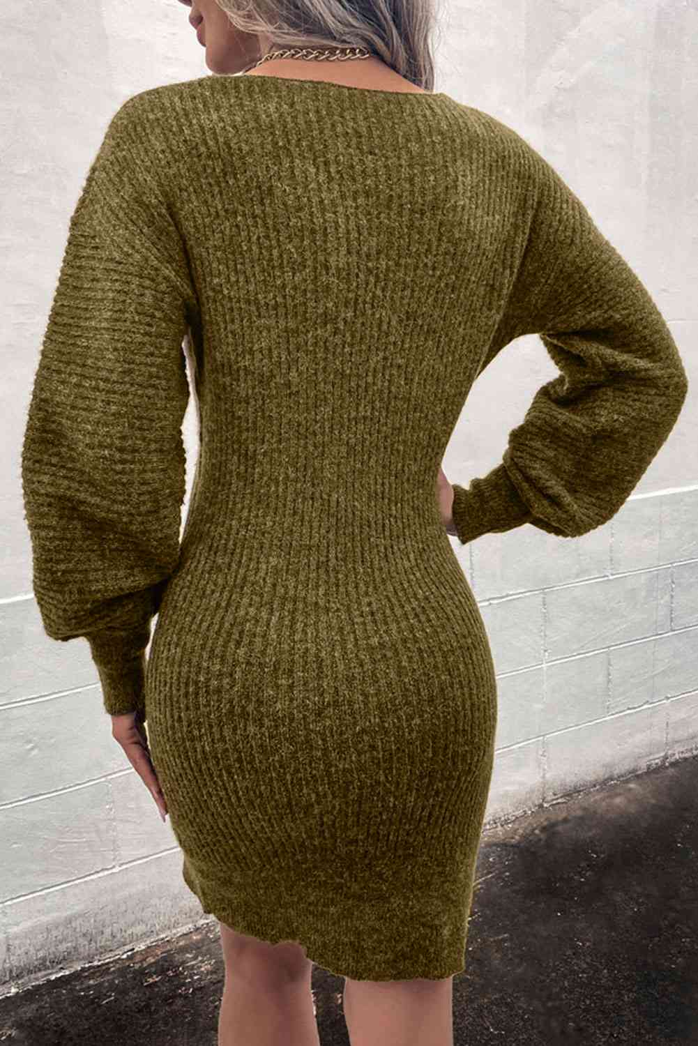 Long sleeve ribbed - knit sweater dress - Sweater Dress - Olive - Bella Bourget