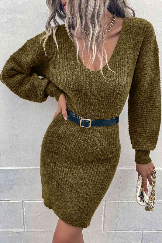 Long sleeve ribbed - knit sweater dress - Sweater Dress - Olive - Bella Bourget