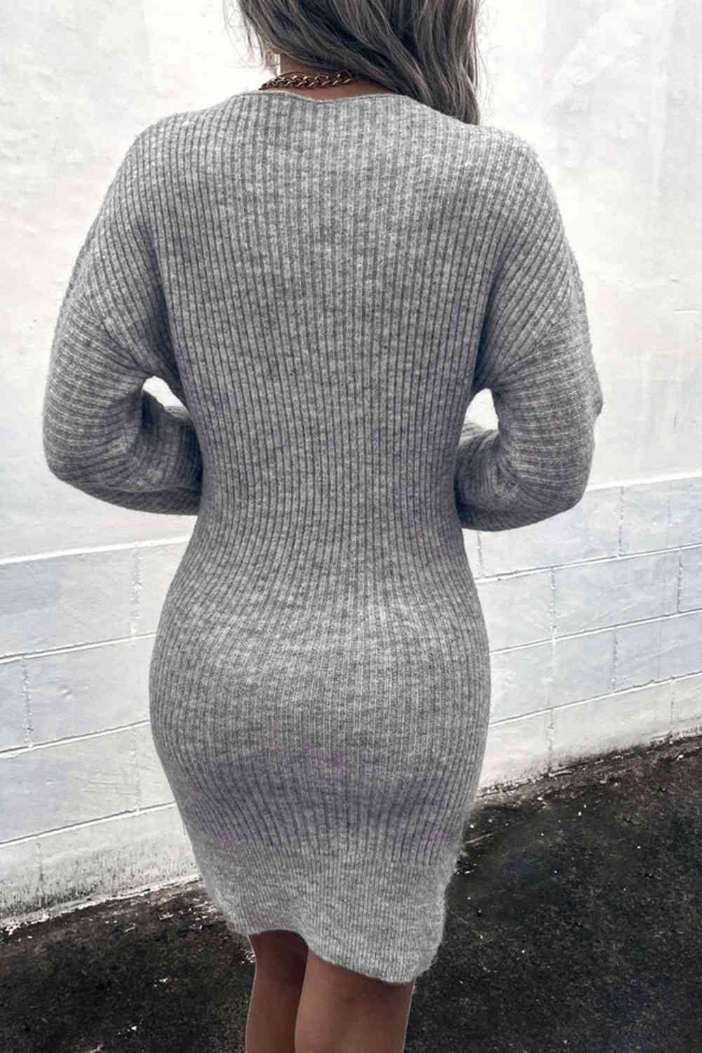 Long sleeve ribbed - knit sweater dress - Sweater Dress - Light Gray - Bella Bourget