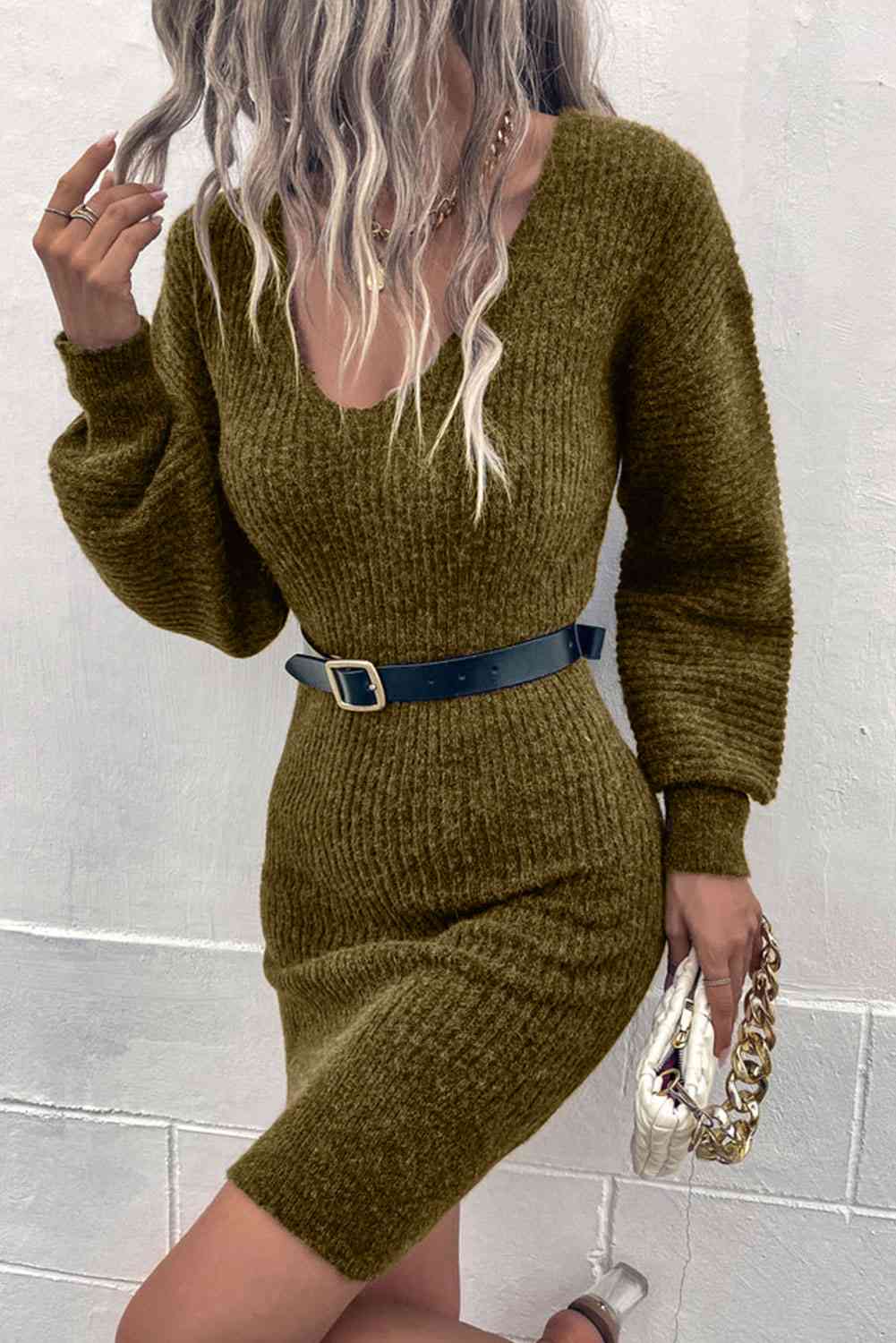 Long sleeve ribbed - knit sweater dress - Sweater Dress - Olive - Bella Bourget