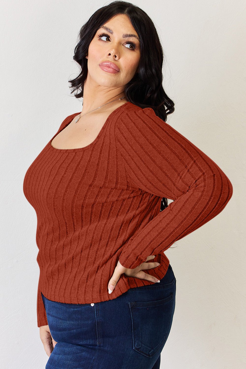 Long Sleeve Ribbed T - Shirt - Shirt - Brick Red - Bella Bourget