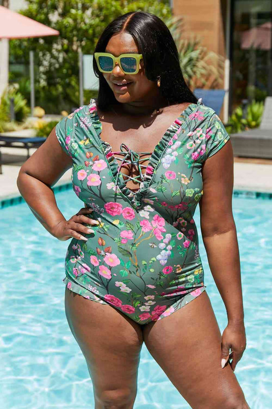 Marina West Swim Bring Me Flowers V - Neck One Piece Swimsuit In Sage - Full Size One - Piece Swimsuit - Sage - Bella Bourget