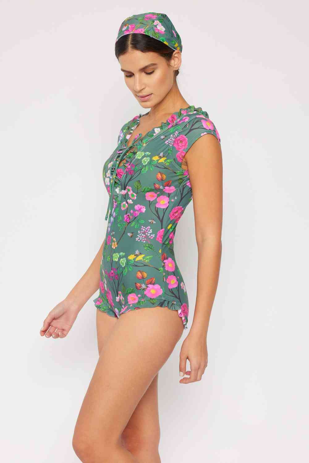 Marina West Swim Bring Me Flowers V - Neck One Piece Swimsuit In Sage - Full Size One - Piece Swimsuit - Sage - Bella Bourget