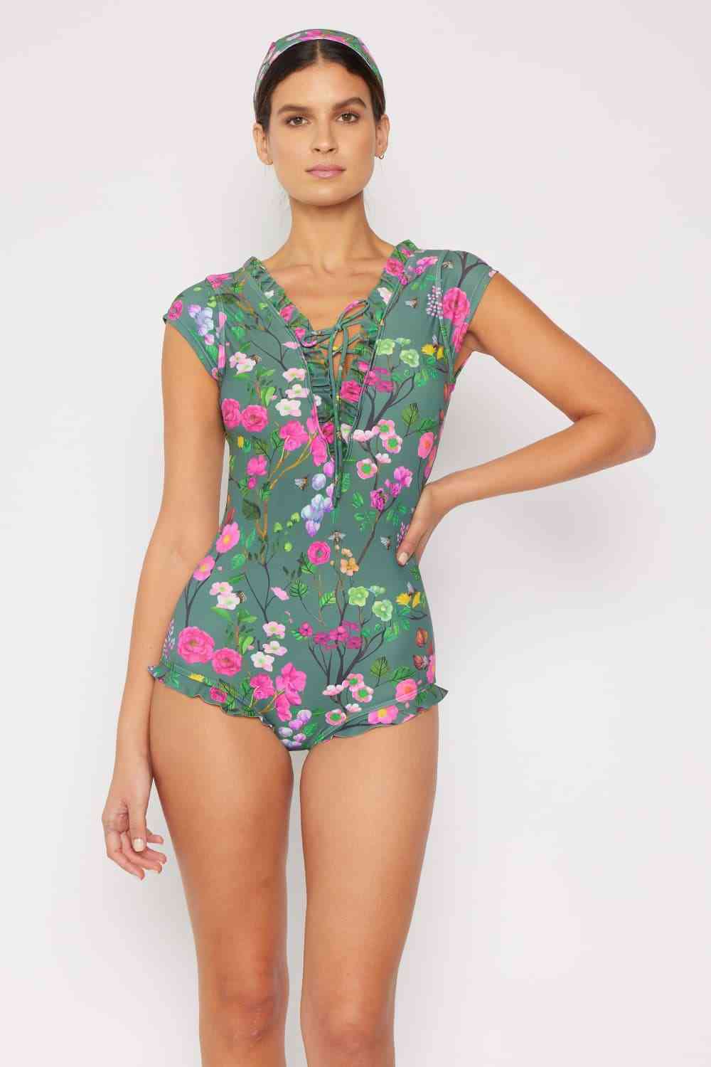 Marina West Swim Bring Me Flowers V - Neck One Piece Swimsuit In Sage - Full Size One - Piece Swimsuit - Sage - Bella Bourget