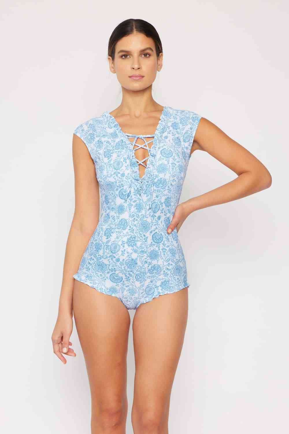 Marina West Swim Bring Me Flowers V - Neck One Piece Swimsuit In Thistle Blue - One - Piece Swimsuit - Thistle Blue - Bella Bourget