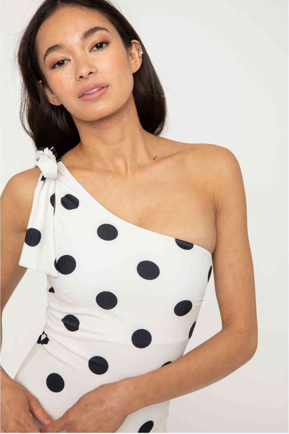 Marina West Swim Deep End One - Shoulder One - Piece Swimsuit - Full Size One - Piece Swimsuit - Cream Black Dot - Bella Bourget