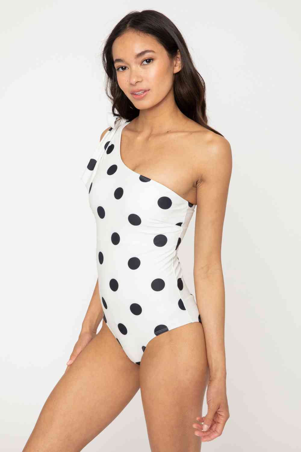 Marina West Swim Deep End One - Shoulder One - Piece Swimsuit - Full Size One - Piece Swimsuit - Cream Black Dot - Bella Bourget