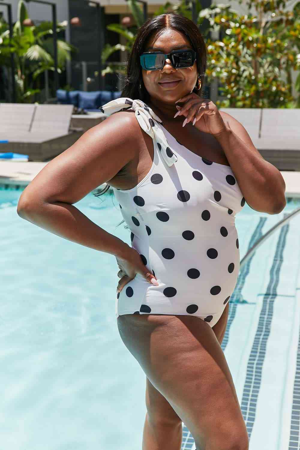 Marina West Swim Deep End One - Shoulder One - Piece Swimsuit - Full Size One - Piece Swimsuit - Cream Black Dot - Bella Bourget