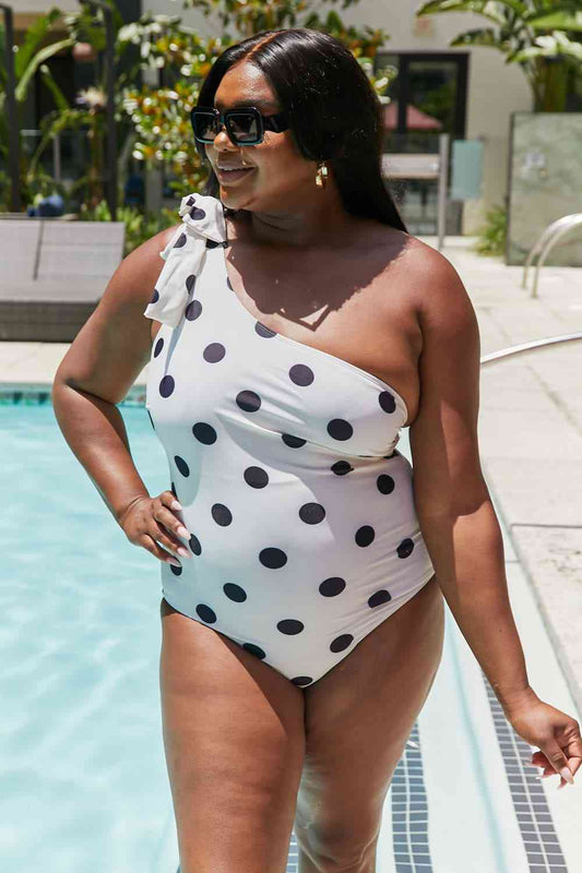 Marina West Swim Deep End One - Shoulder One - Piece Swimsuit - Full Size One - Piece Swimsuit - Cream Black Dot - Bella Bourget