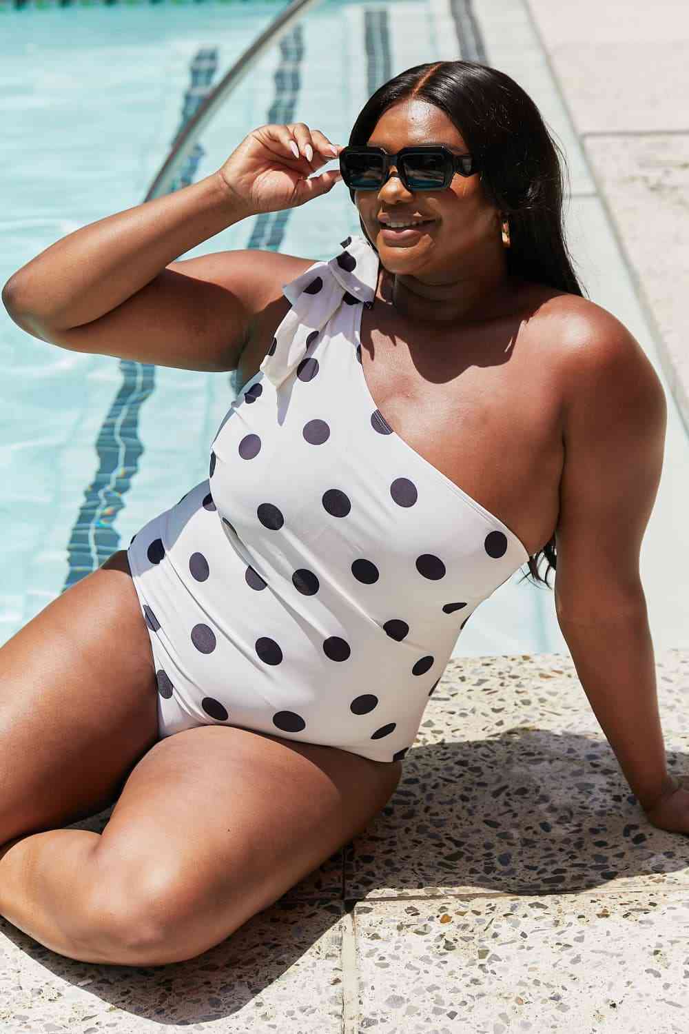 Marina West Swim Deep End One - Shoulder One - Piece Swimsuit - Full Size One - Piece Swimsuit - Cream Black Dot - Bella Bourget