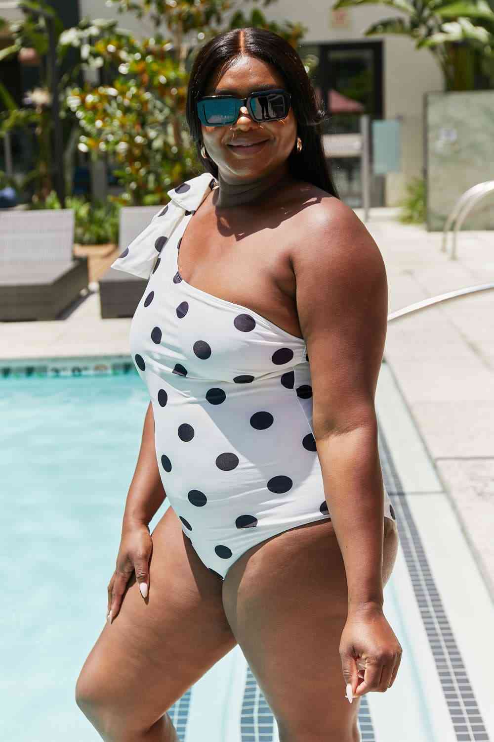 Marina West Swim Deep End One - Shoulder One - Piece Swimsuit - Full Size One - Piece Swimsuit - Cream Black Dot - Bella Bourget