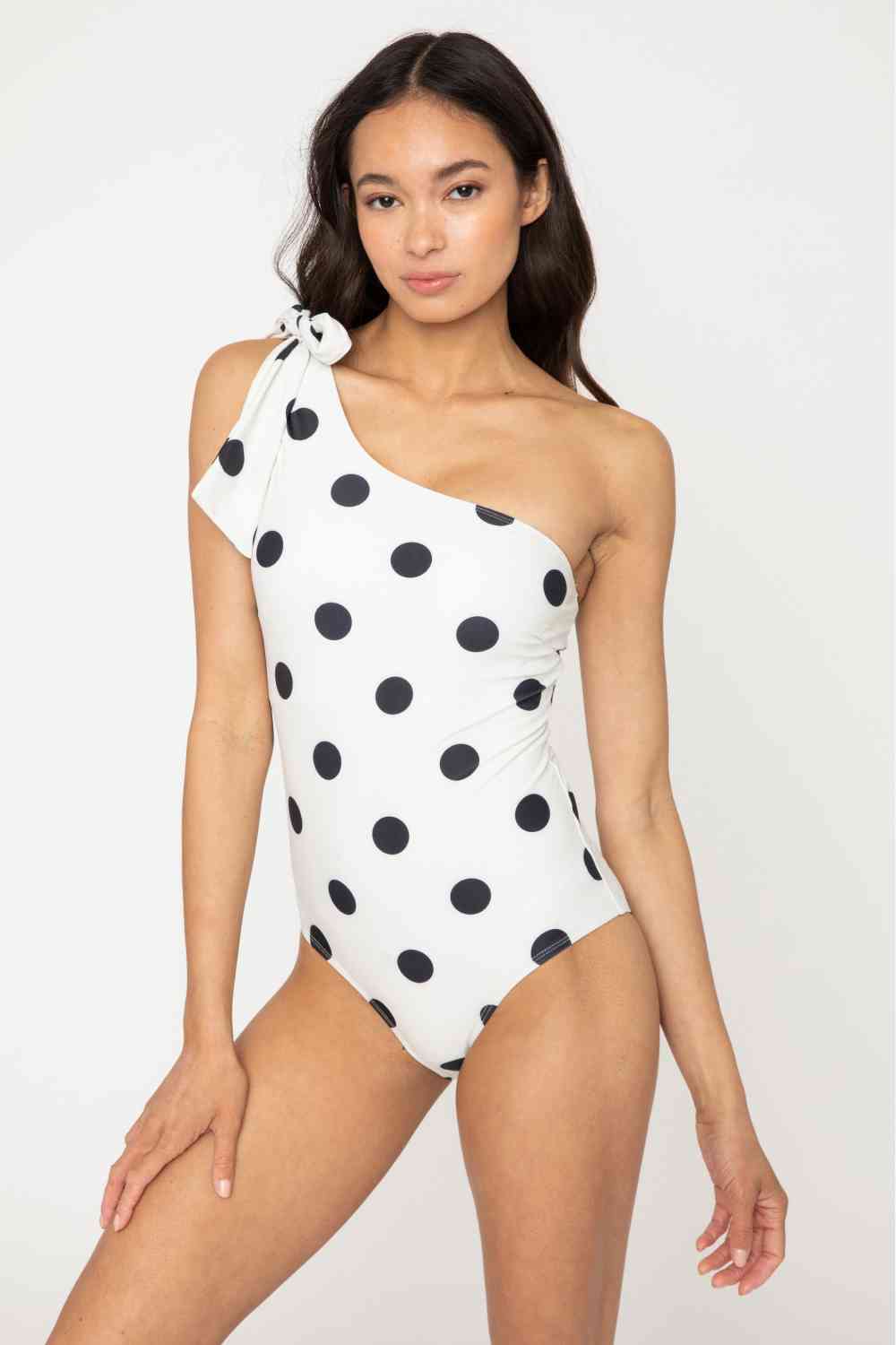 Marina West Swim Deep End One - Shoulder One - Piece Swimsuit - Full Size One - Piece Swimsuit - Cream Black Dot - Bella Bourget